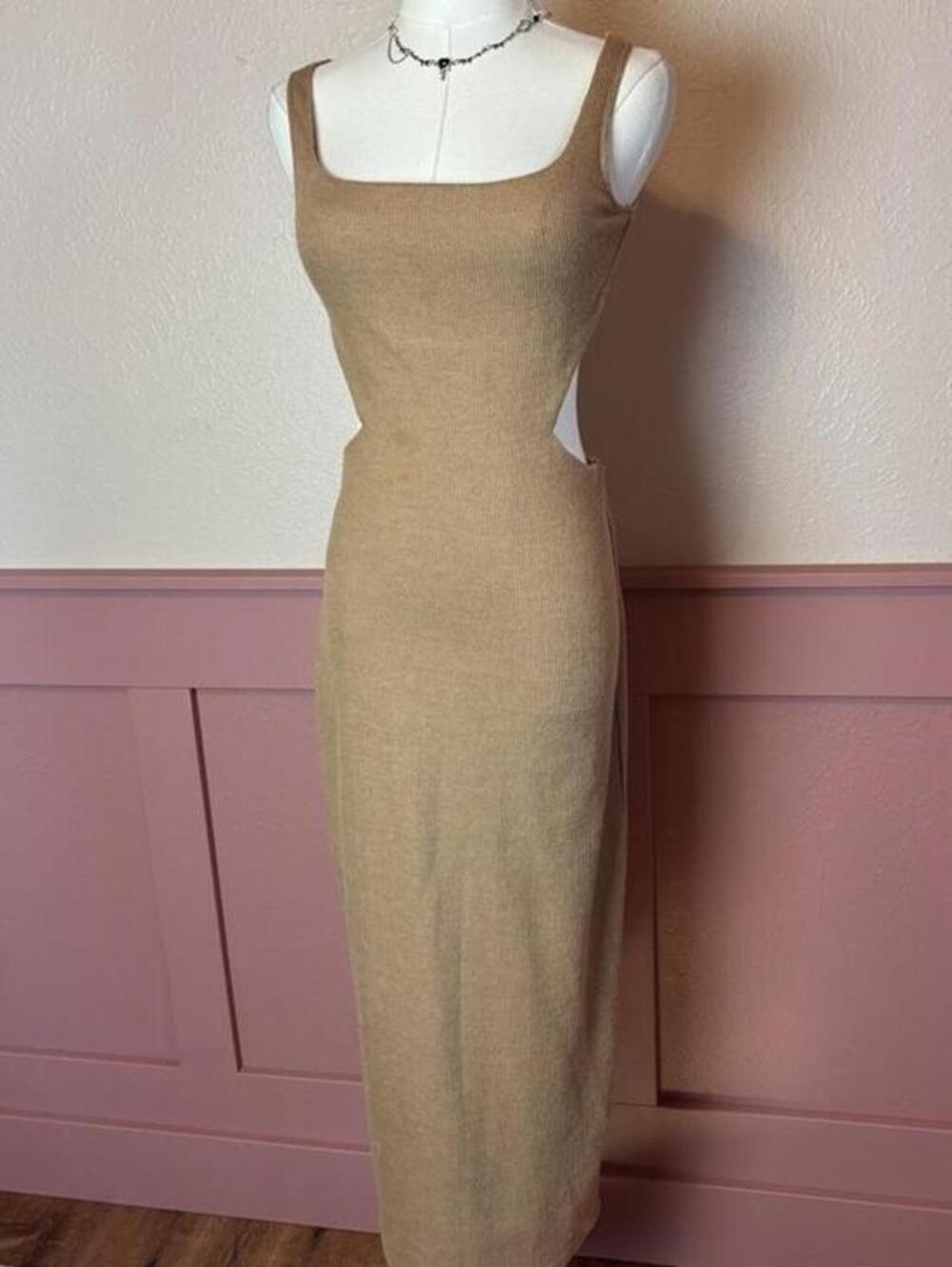 Sabo knit backless tan dress sz small us 4 boho cottage indie party fairy